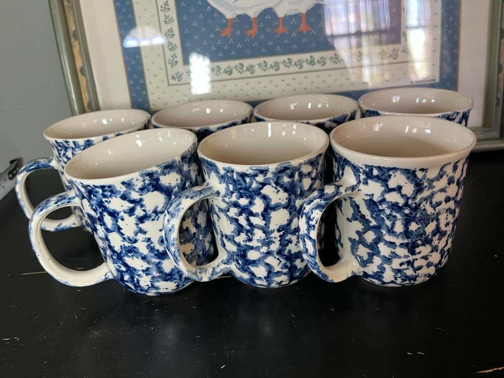Set of 8 Tienshan Folk Craft Blue Spongeware Coffee Mugs